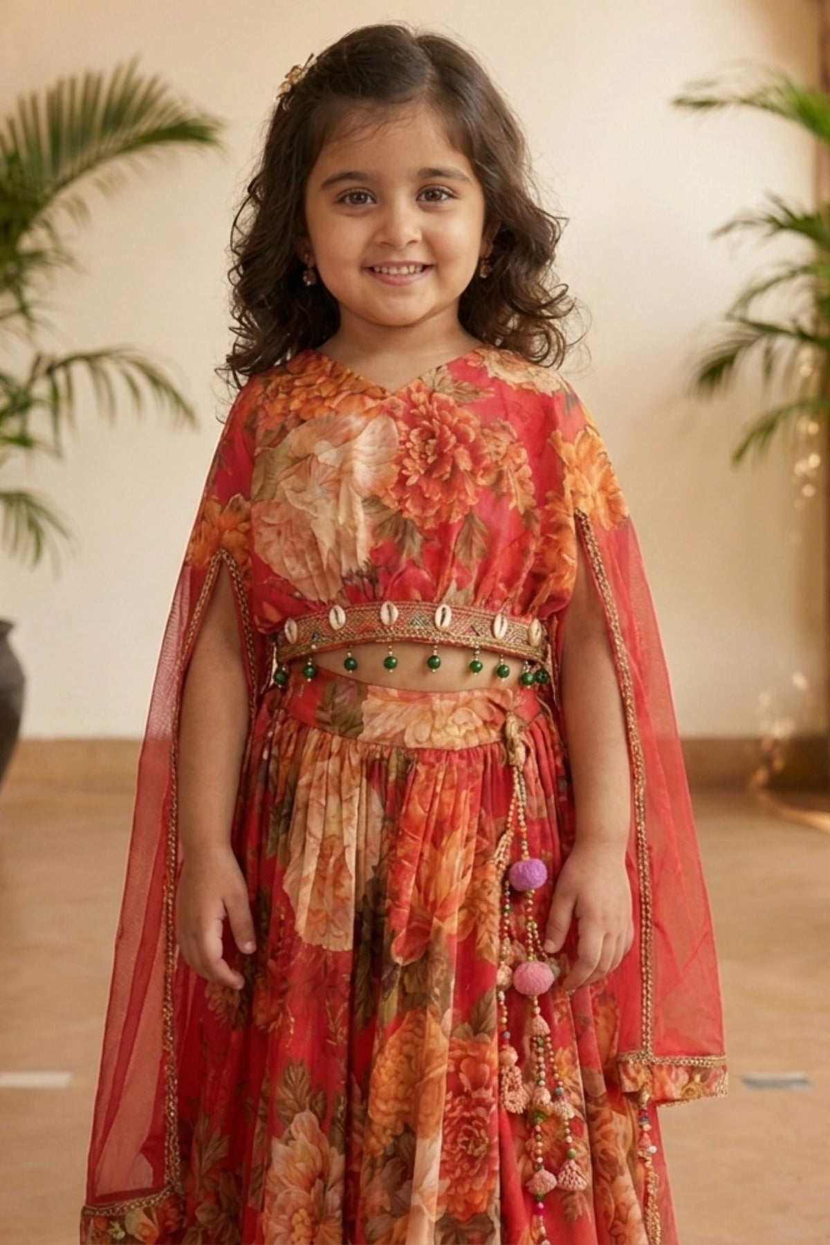 Coral Pink Floral Printed Cape Style Lehenga Choli