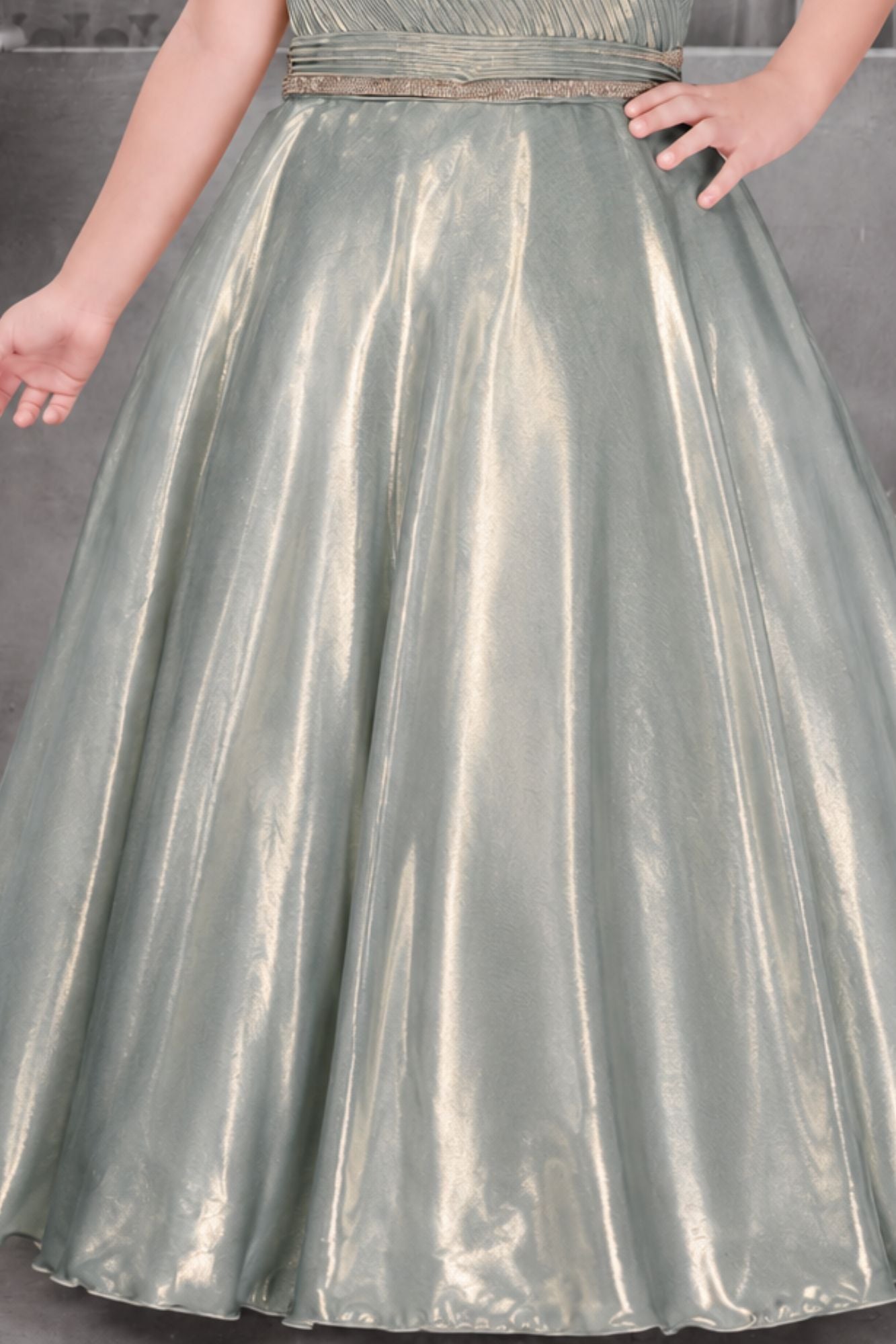 Shimmery Sage Green One-Shoulder Party Wear Gown With Draped Detail For Girls