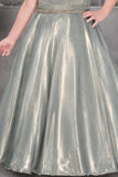 Shimmery Sage Green One-Shoulder Party Wear Gown With Draped Detail For Girls