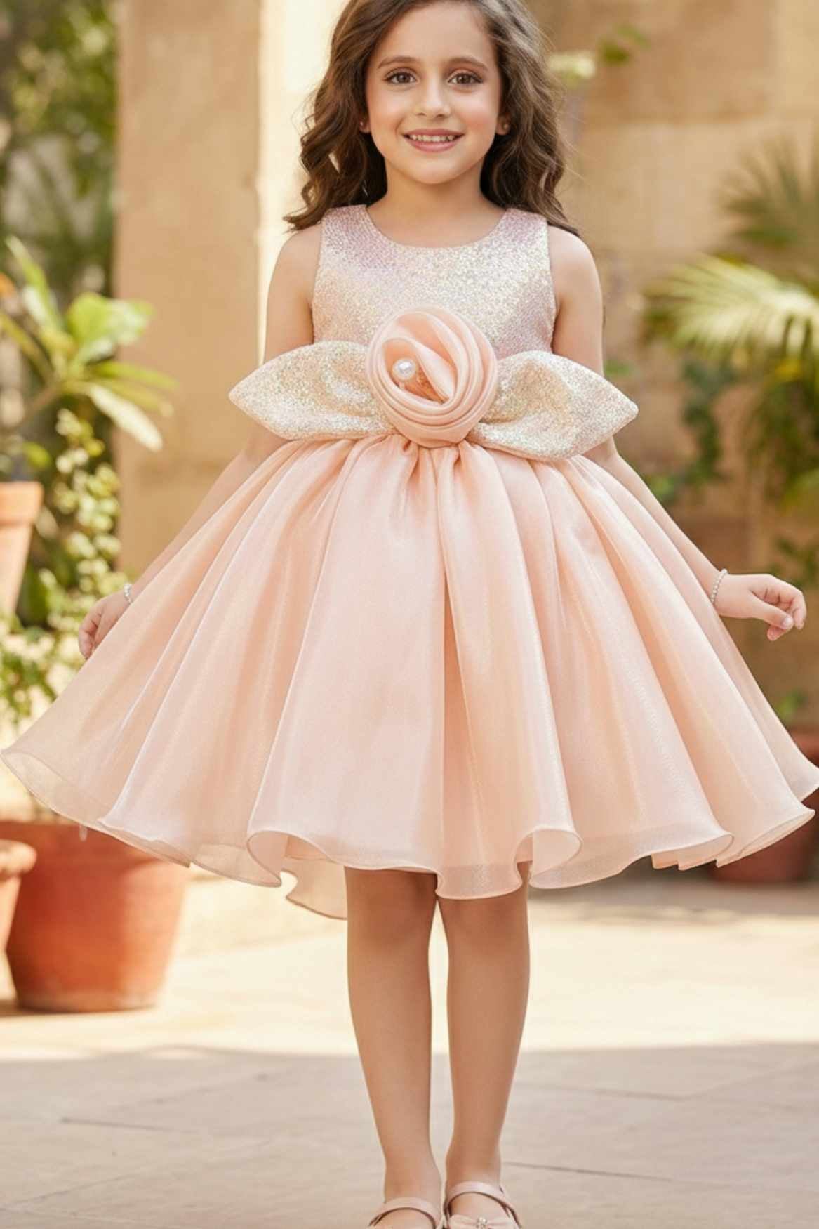 Peach Shimmer Party Wear Frock with 3D Floral Appliqué For Girls