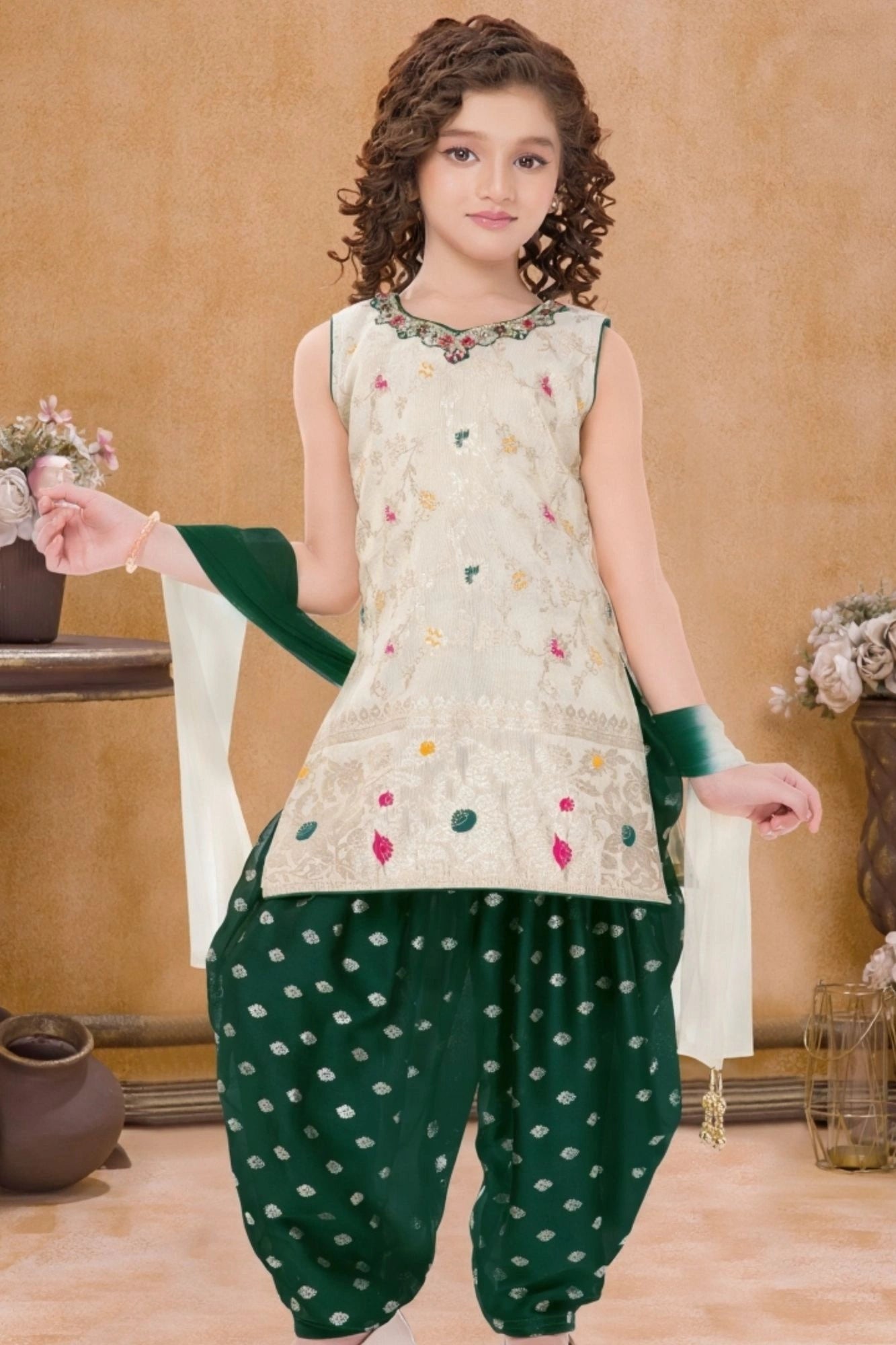 Green And Cream Embroidered Patiala Set For Girls