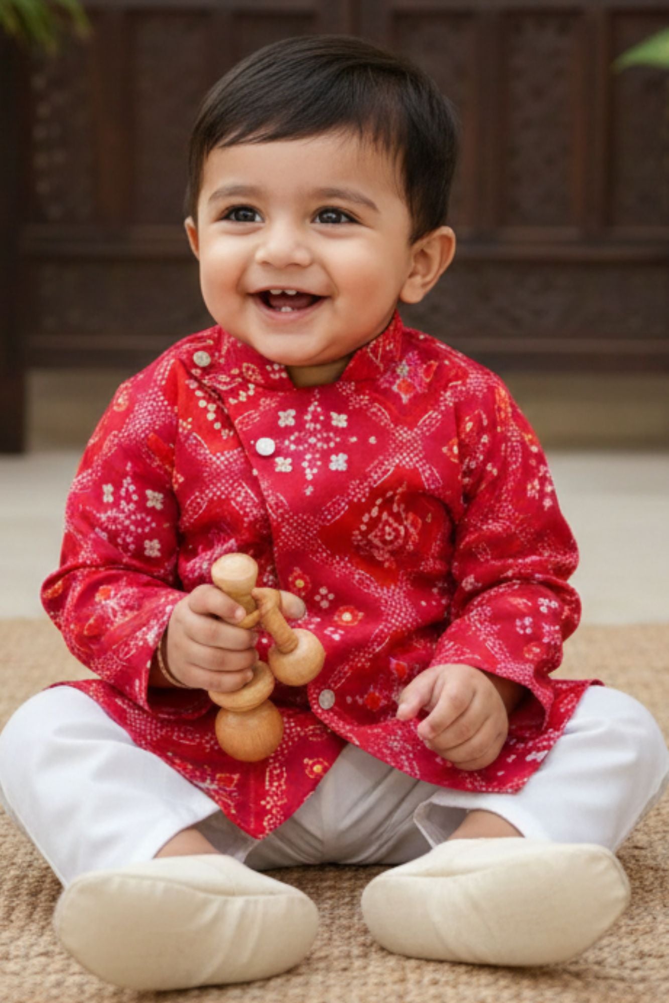 Red Printed Kurta And Dhoti Set For Boys