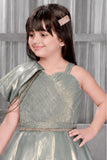 Shimmery Sage Green One-Shoulder Party Wear Gown With Draped Detail For Girls