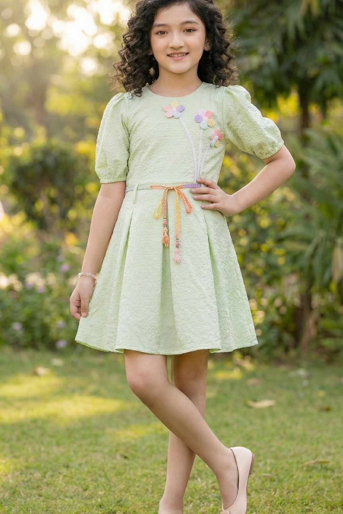 Pastel Green Puff Sleeve Casual Frock with Rainbow Belt & 3D Floral Appliqué For Girls