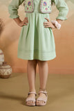 Pastel Green Textured Dress with Embroidered Vest and Tassel Tie-Up For Girls