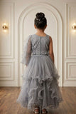 Girls Grey One-Shoulder Lehenga Choli with Dupatta And Layered Ruffle