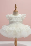 White Layered Frock with White Scallop Lace and Floral Accent For Girls