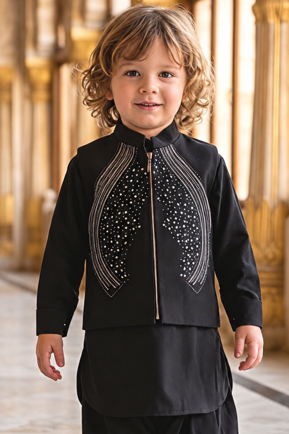 Boys Black With Silver Embellished Jacket Kurta Set With Nehru Jacket