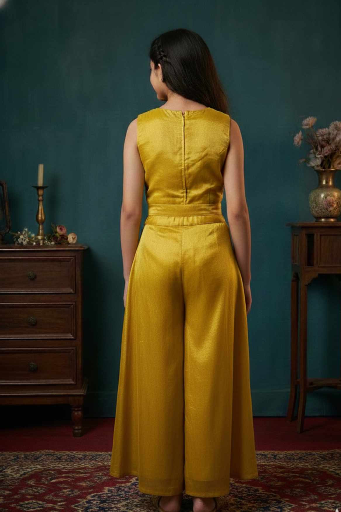 Yellow Sequins Work With Thread Embroidery For Palazzo Set For Girls