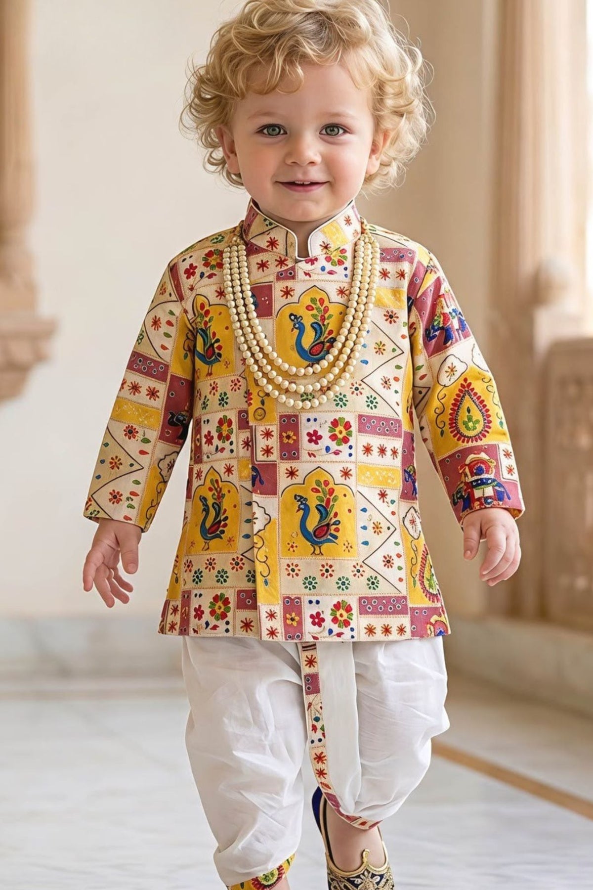 Royal Boys Multicolor Peacock Print Dhoti Set
