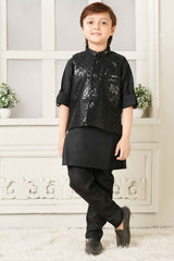 Black Kurta Set With Sequin Work Bandi For Boys