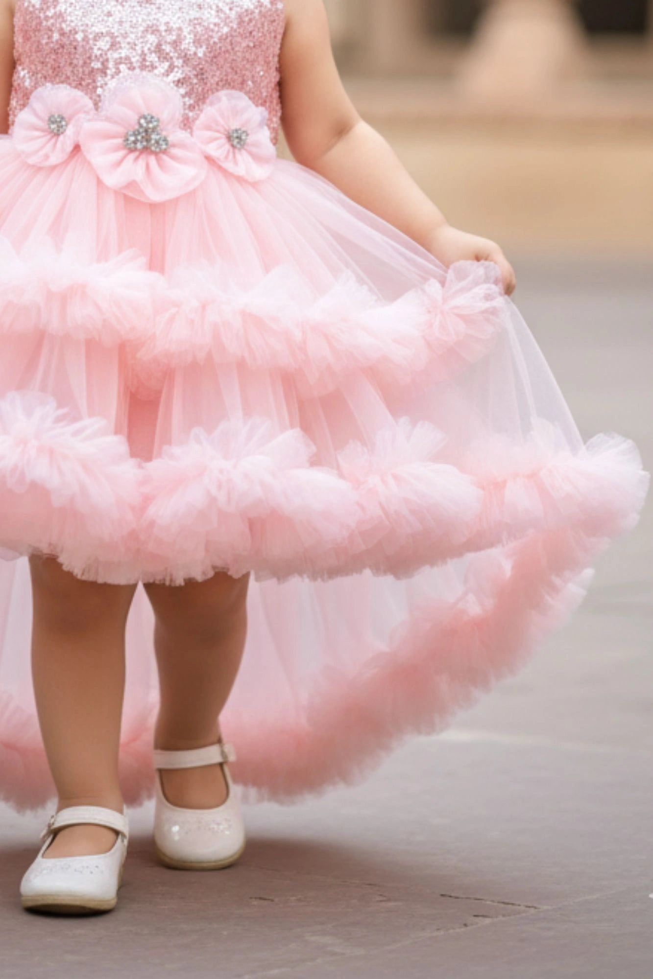 Peach Sequin Bodice High-Low Party Frock with Ruffle Layers For Girls