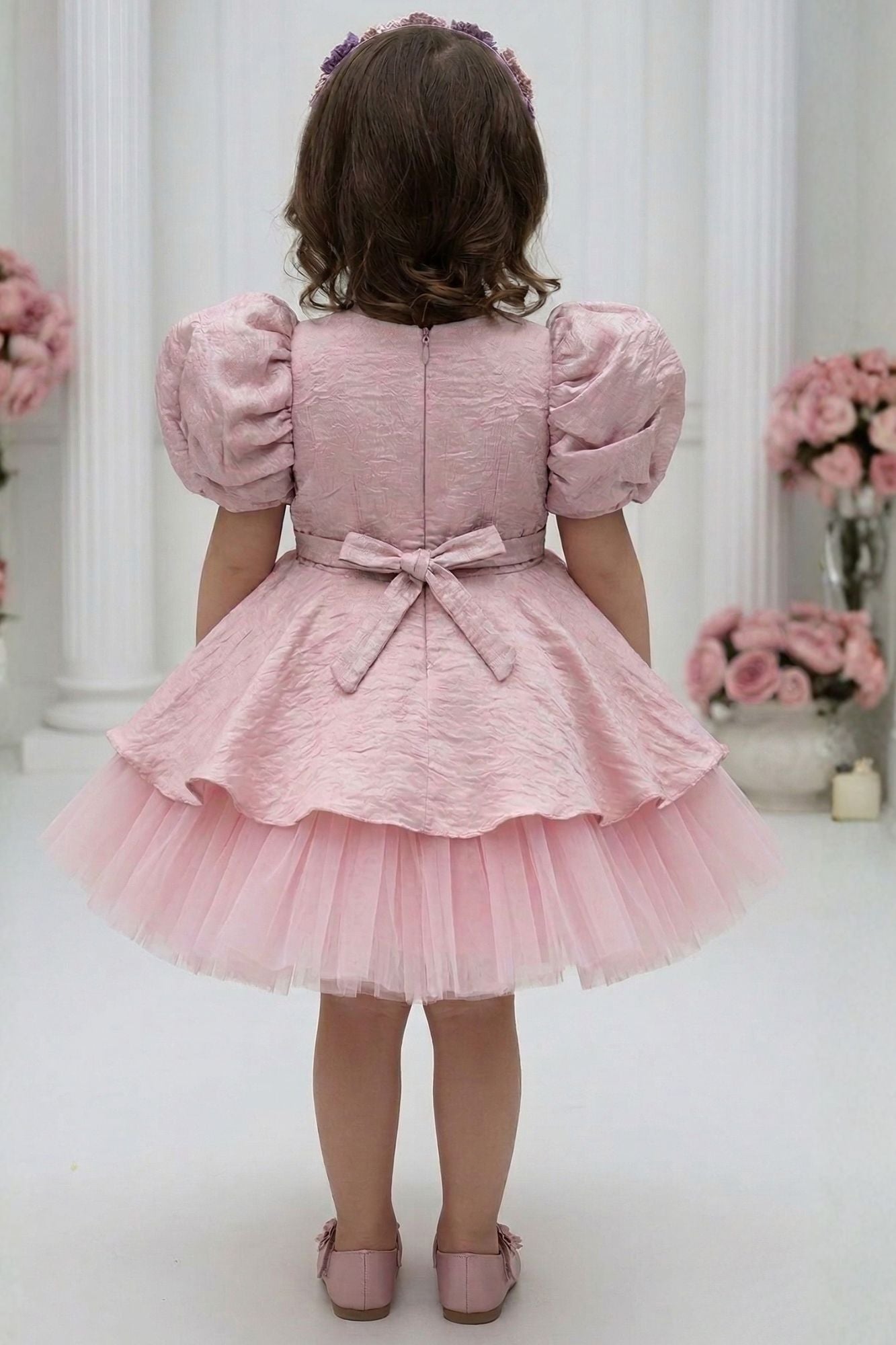 Dusty Pink Floral Embroidered Puff Sleeve Party Frock For Girls