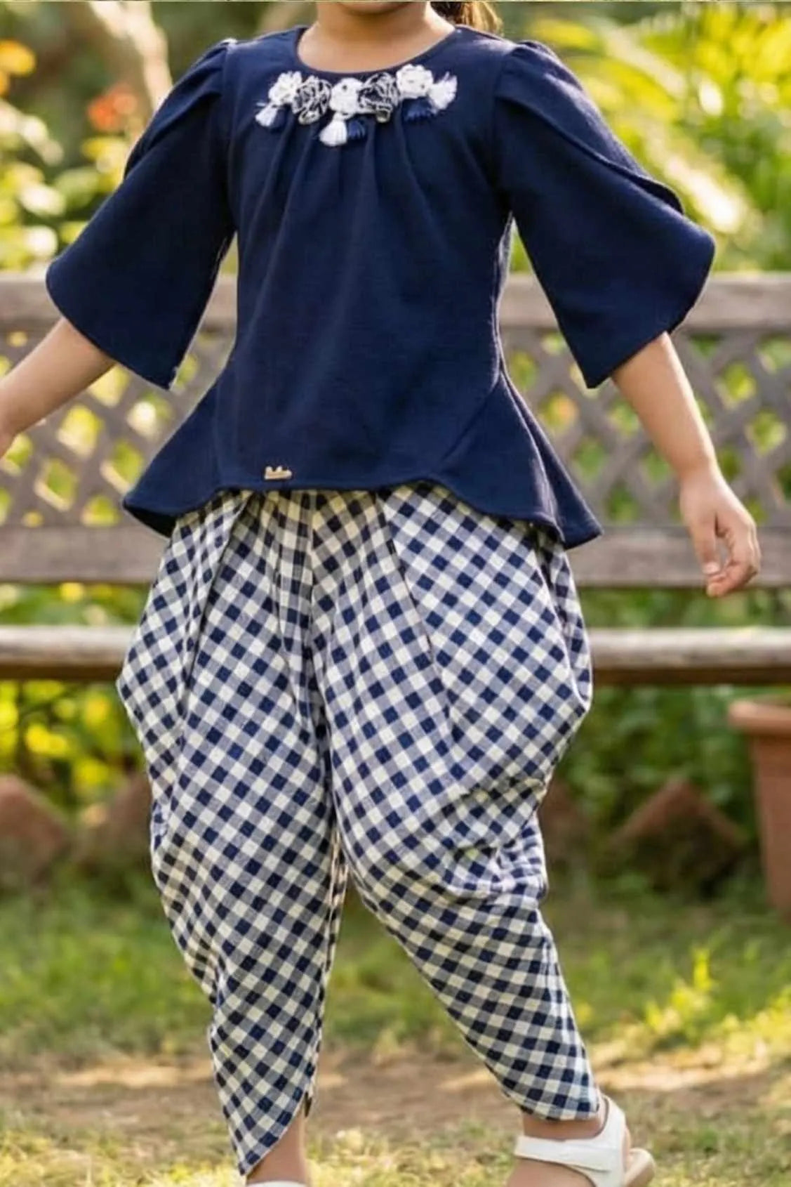 Navy Blue Top with Checkered Dhoti Pants Set For Girls