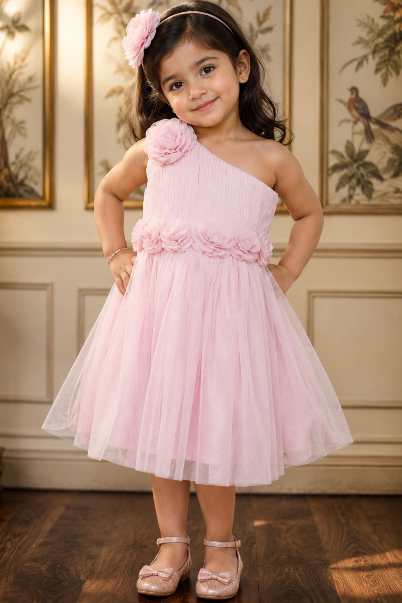 Pink Floral Embellished Frock With One-Sided Sleeve For Girls