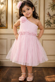 Pink Floral Embellished Frock With One-Sided Sleeve For Girls