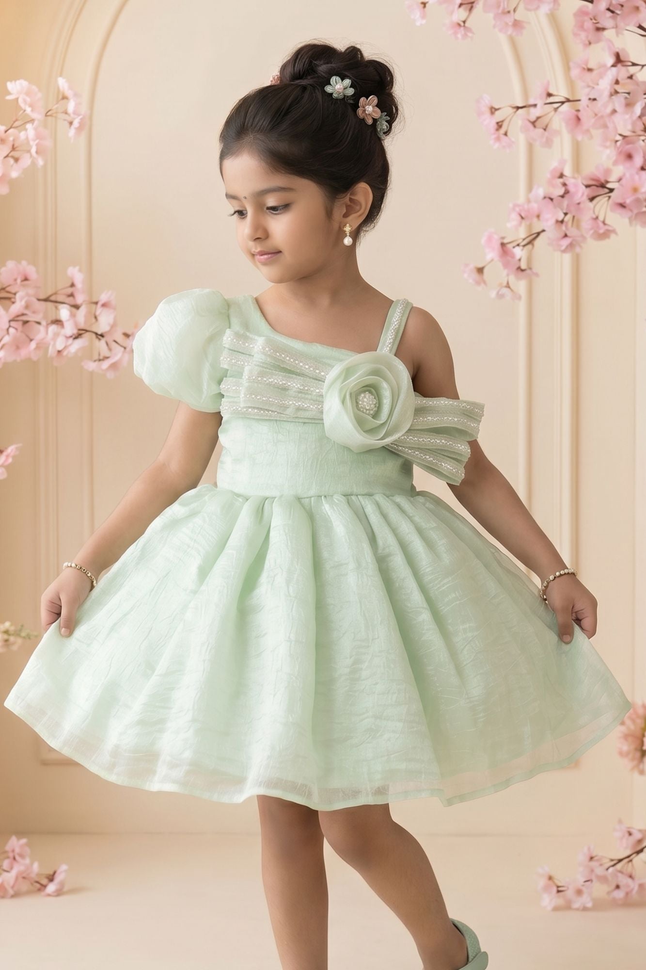 Pista Green One-Shoulder Party Frock with 3D Floral Bow For Girls