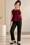 Metallic Maroon  Pleated Top with Pants For Girls