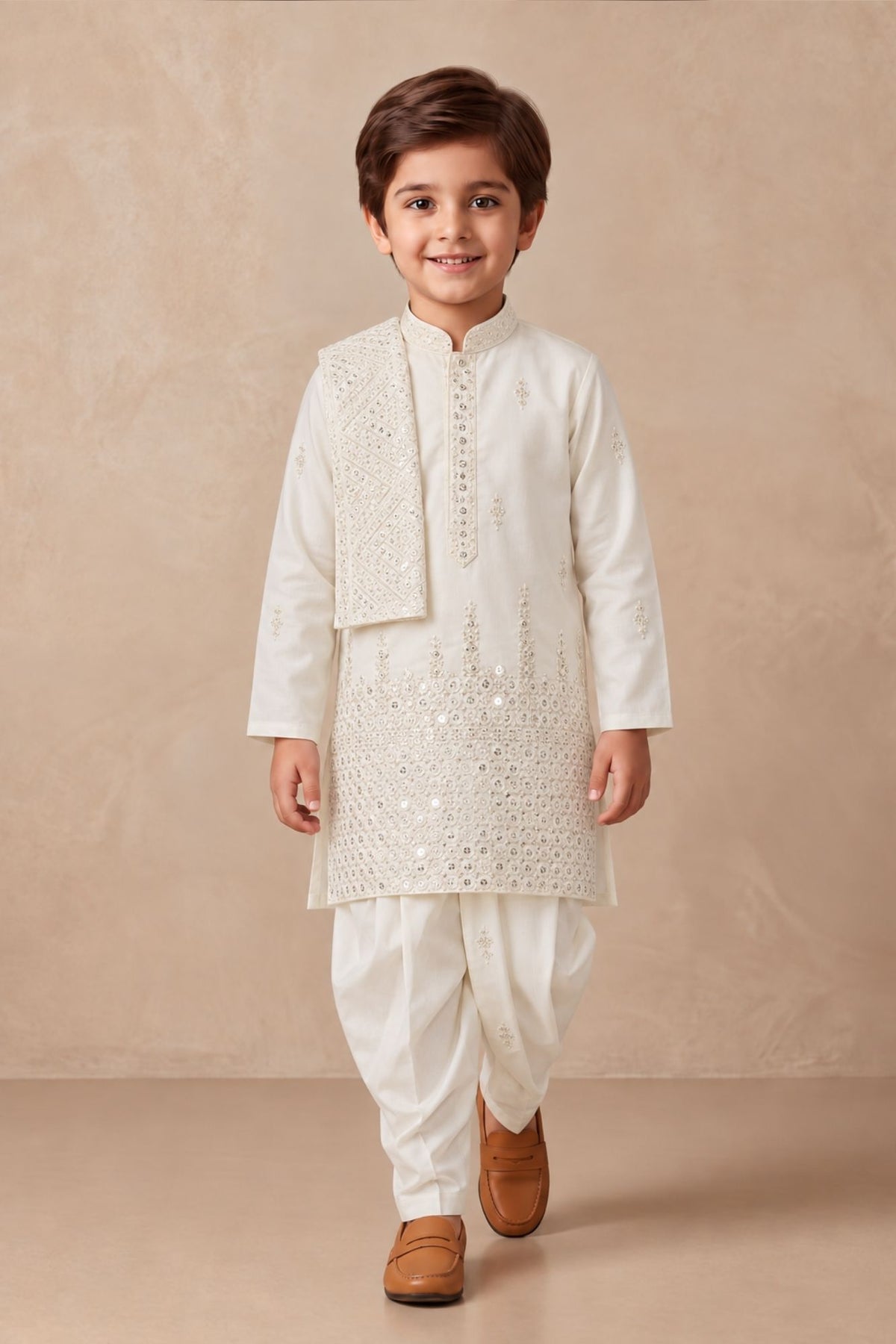 Boys Elegant Ivory Sequin Embroidered Dhoti Set