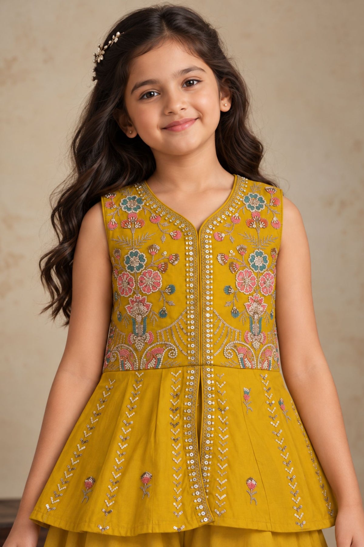 Girls Mustard With Multicolour Floral Bead Embroidered Peplum Top Palazzo Set