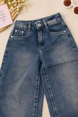 Girls Slate Blue Faded Wash Straight Fit Denim Jeans
