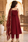 Girls Maroon Embroidered Sleeveless Kurta Set With Dupatta