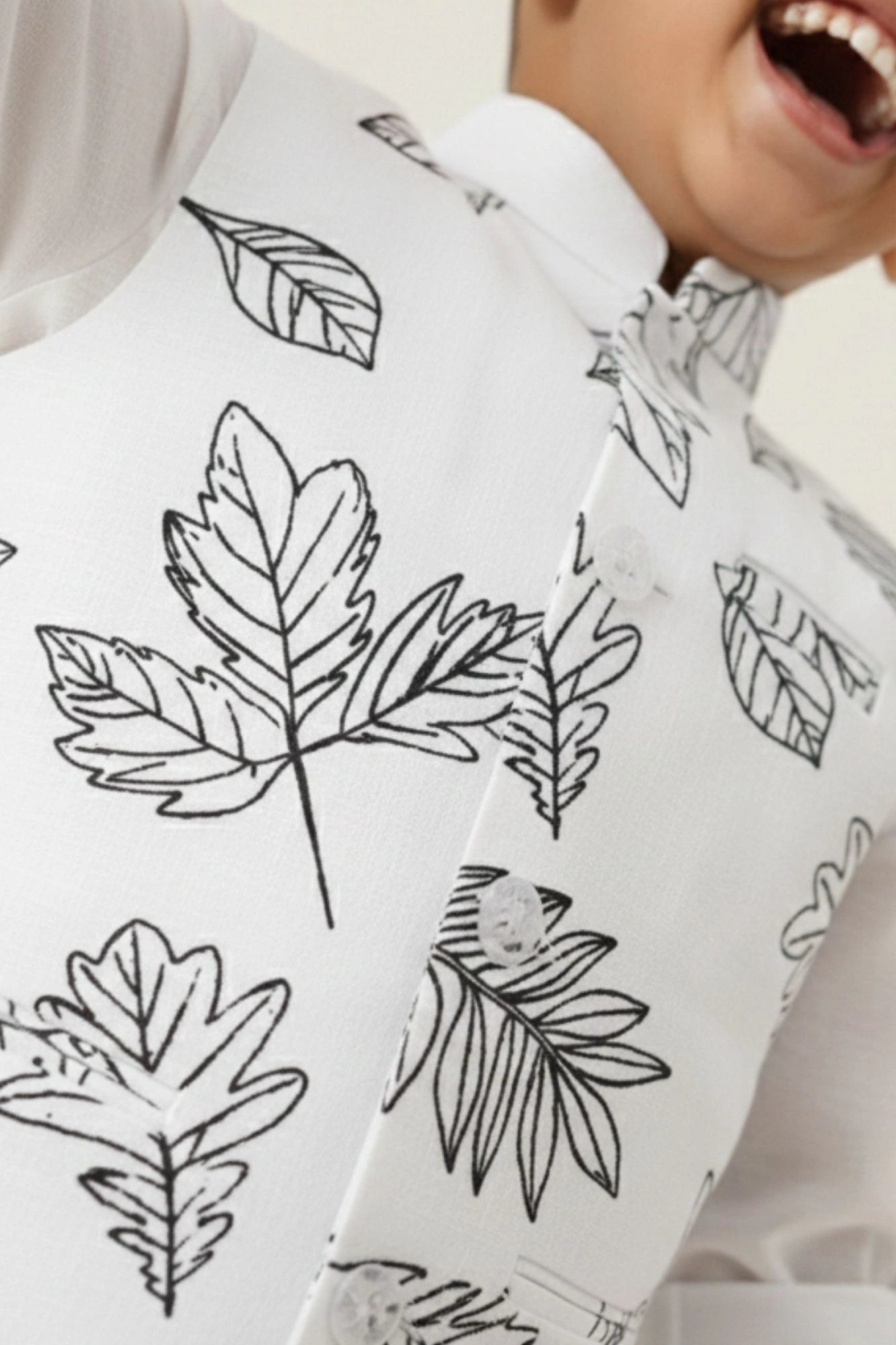 White Leaf Print Waistcoat with Mandarin Collar and Shirt For Boys