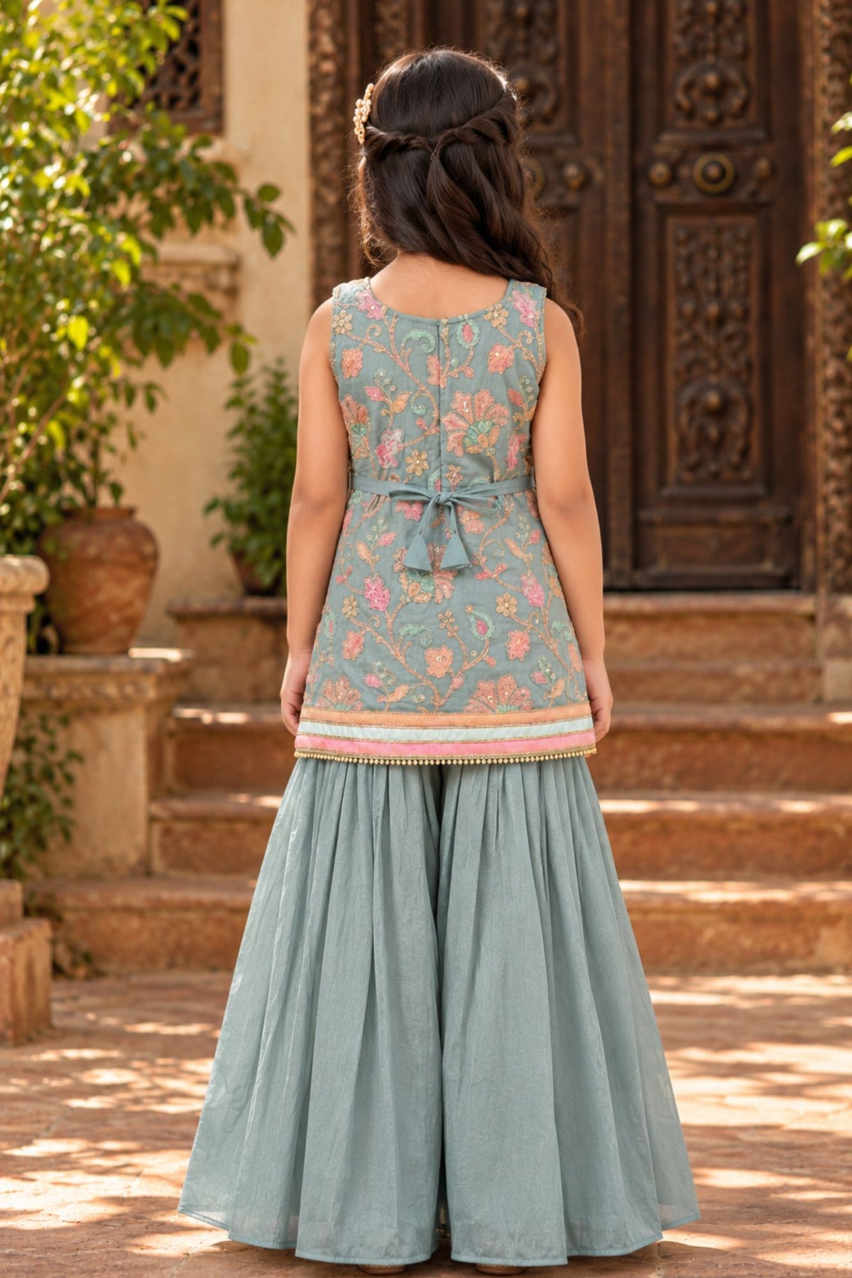 Powder Blue Floral Embroidered Palazzo Set For Girls