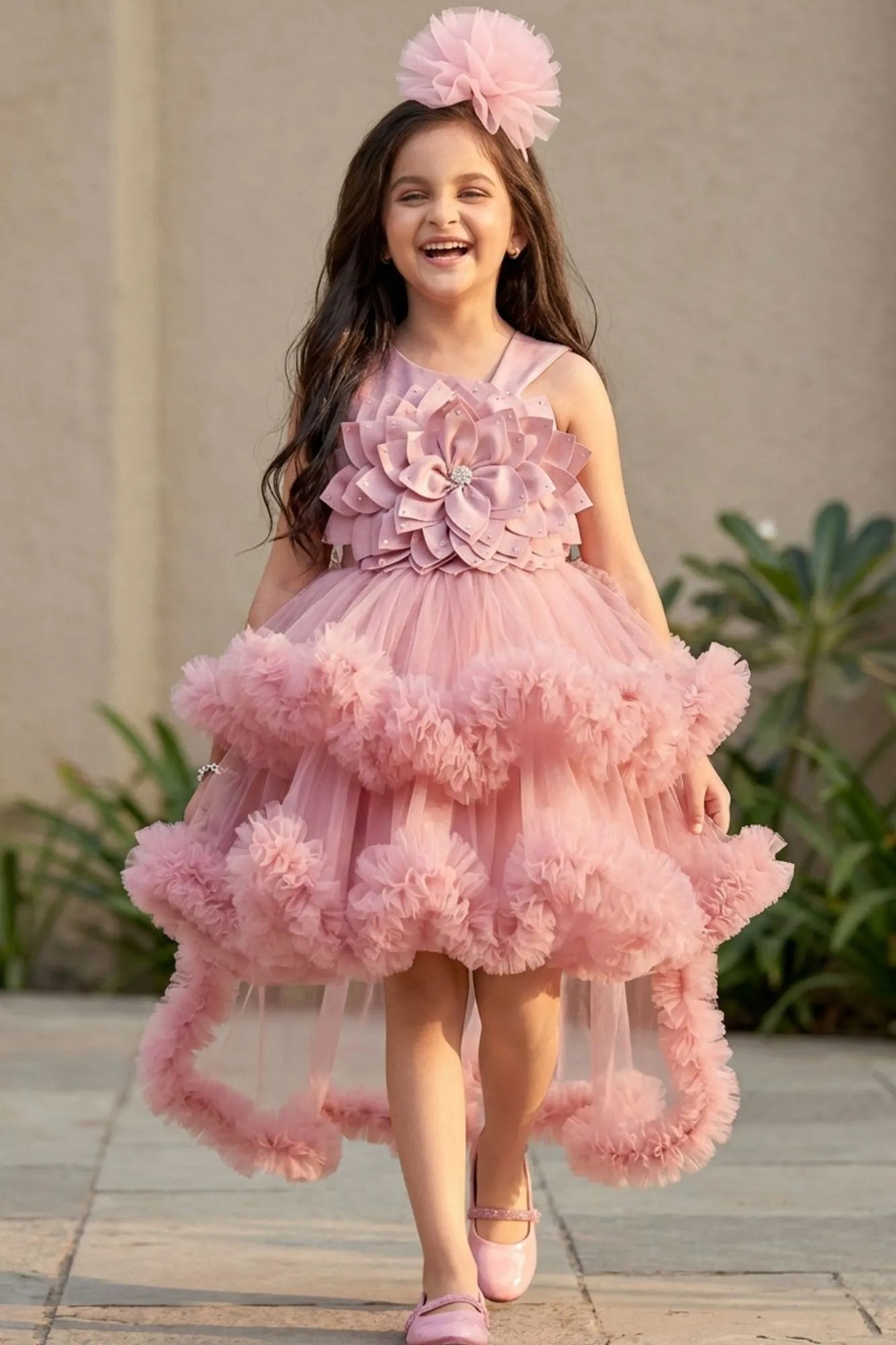 Dusty Pink High-Low Party Wear Tulle Frock With Floral Embellishment For Girls