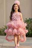 Dusty Pink High-Low Party Wear Tulle Frock With Floral Embellishment For Girls