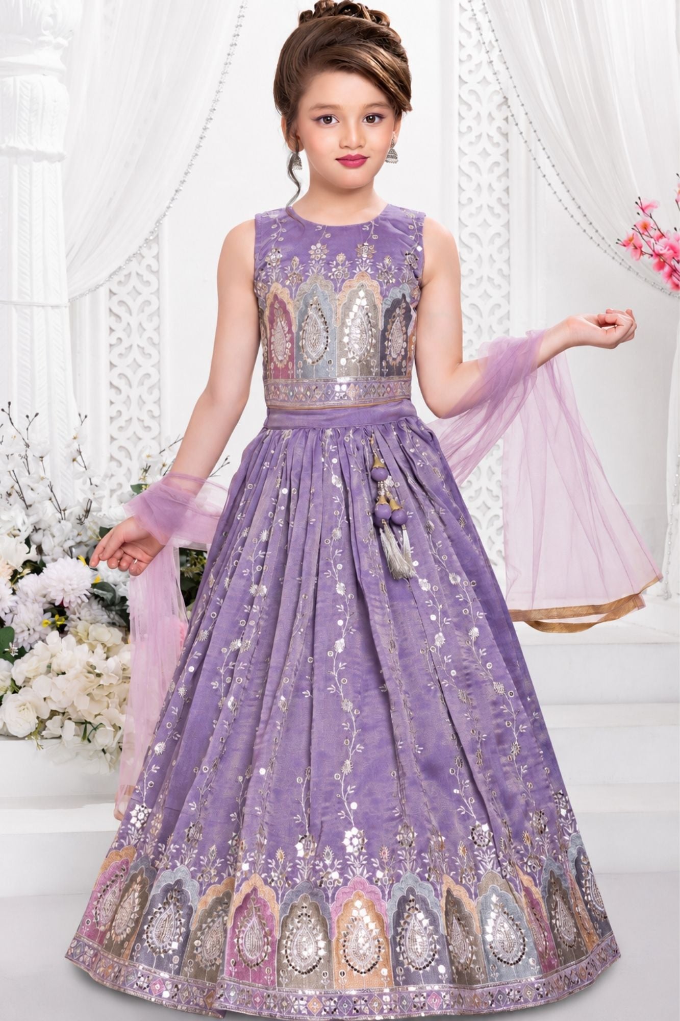 Girls Lavender Multicolour Zari Embroidered Lehenga Choli Set With Dupatta