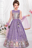 Girls Lavender Multicolour Zari Embroidered Lehenga Choli Set With Dupatta