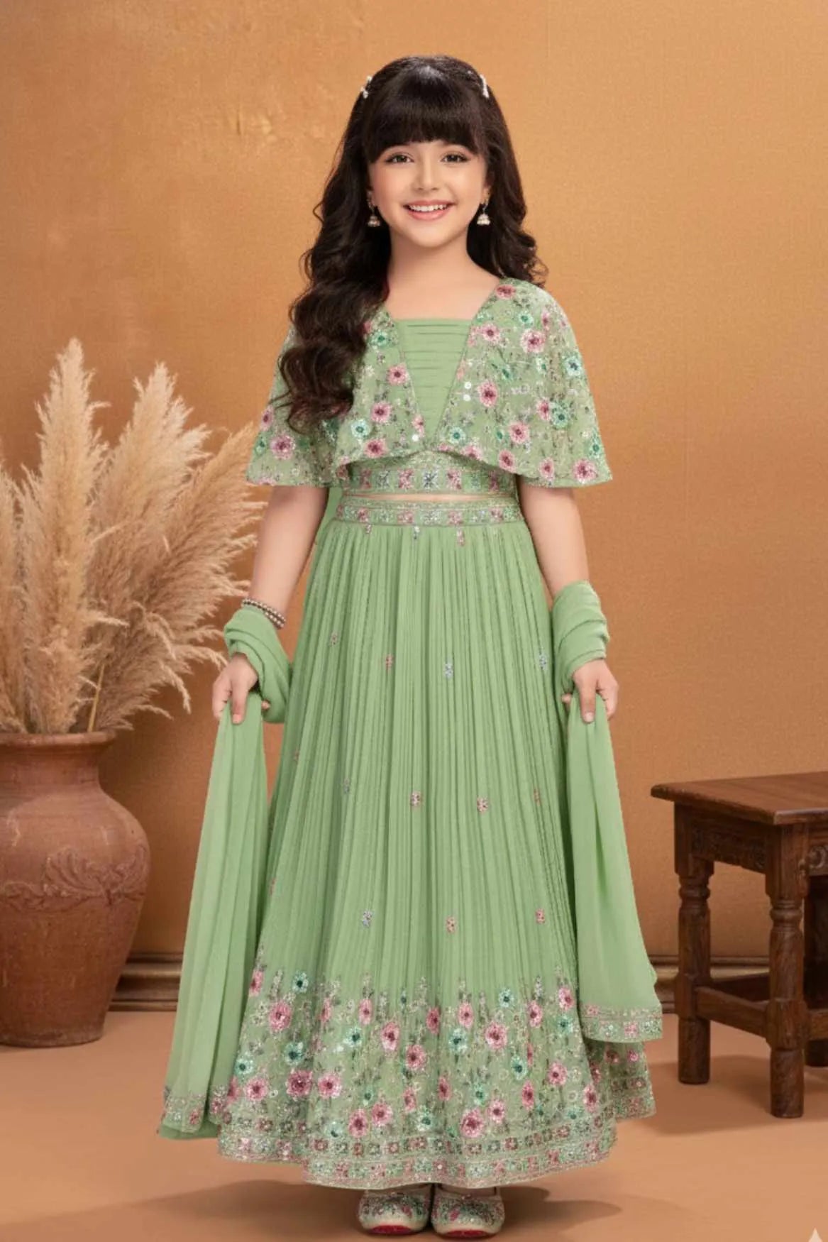 Pastel Green Embroidered Lehenga Choli with Dupatta For Girls