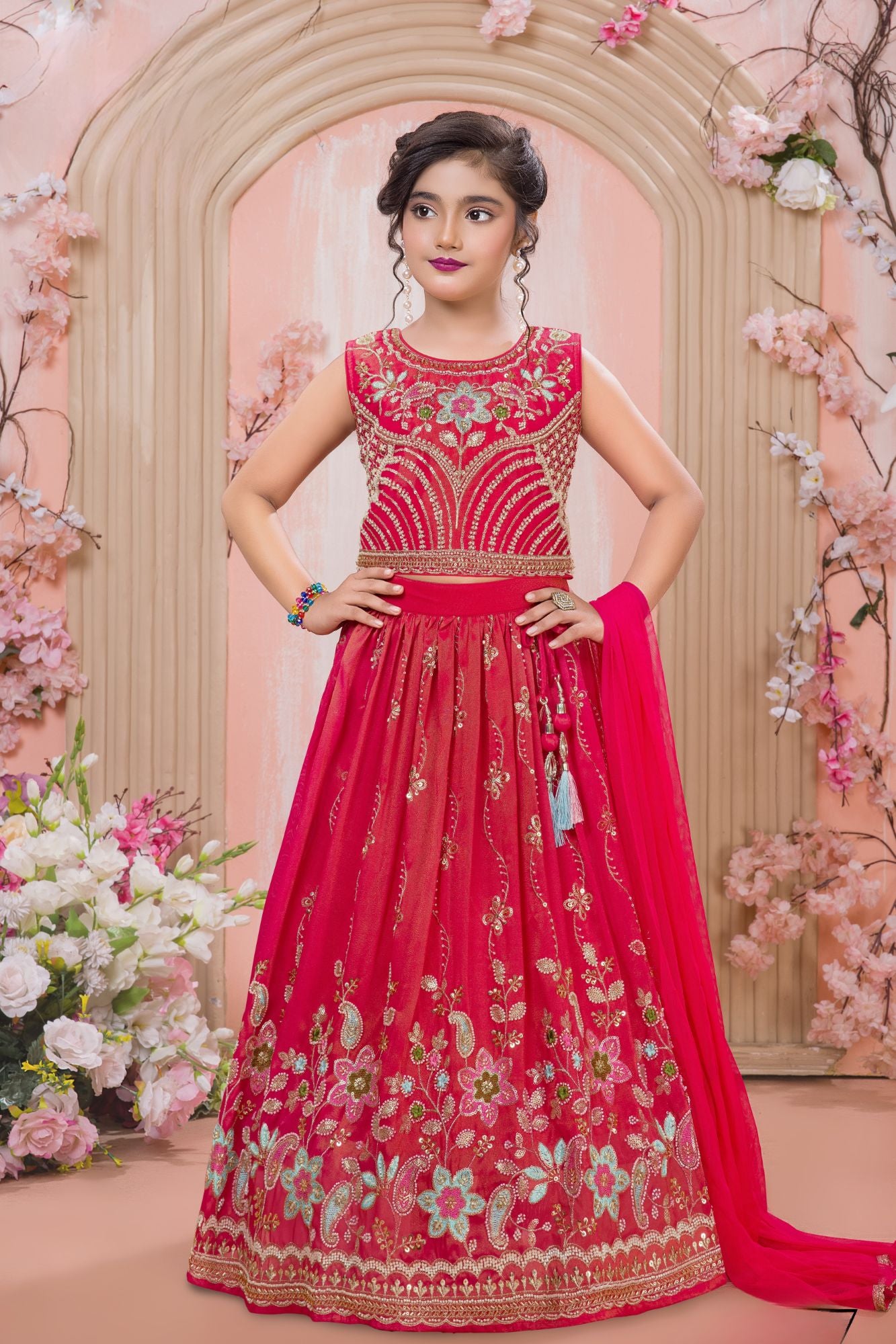 Girls Pink Embroidered Lehenga Choli with Dupatta