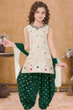 Green And Cream Embroidered Patiala Set For Girls