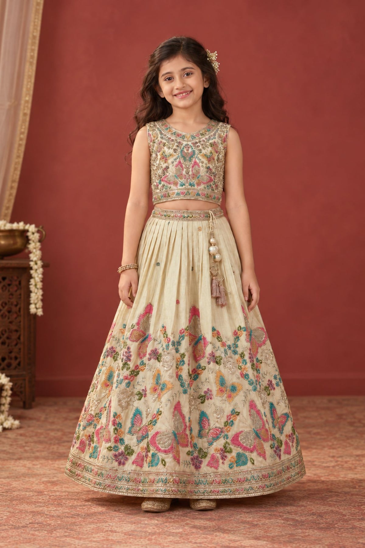 Cream Butterfly Embroidered Lehenga Choli Set For Girls