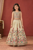 Cream Butterfly Embroidered Lehenga Choli Set For Girls