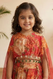 Coral Pink Floral Printed Cape Style Lehenga Choli