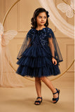 Girls Navy Blue Layered Net Party Frock with Cape Sleeves