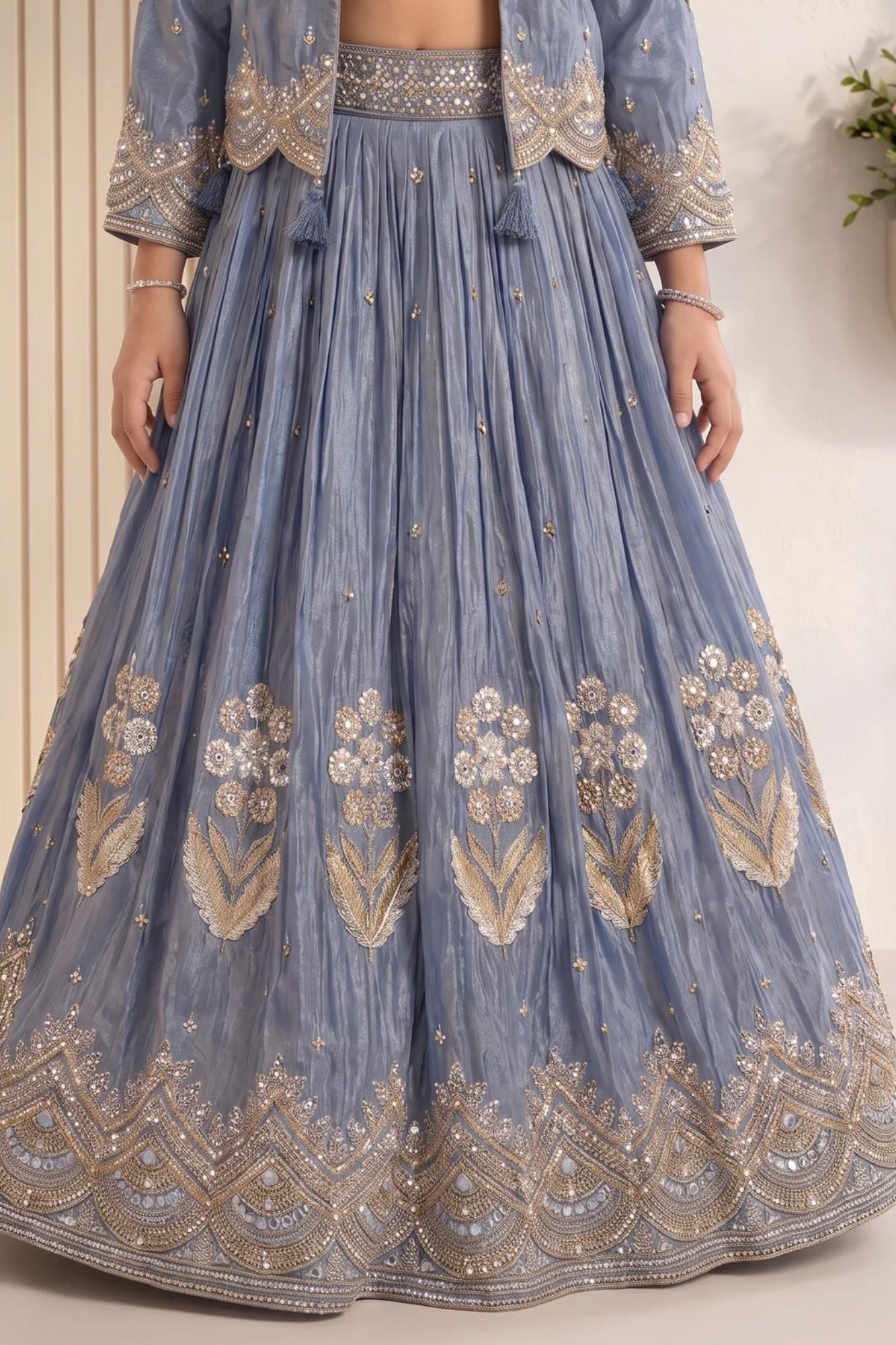 Dusty Blue Heavy Floral Embroidered Lehenga Choli with Jacket
