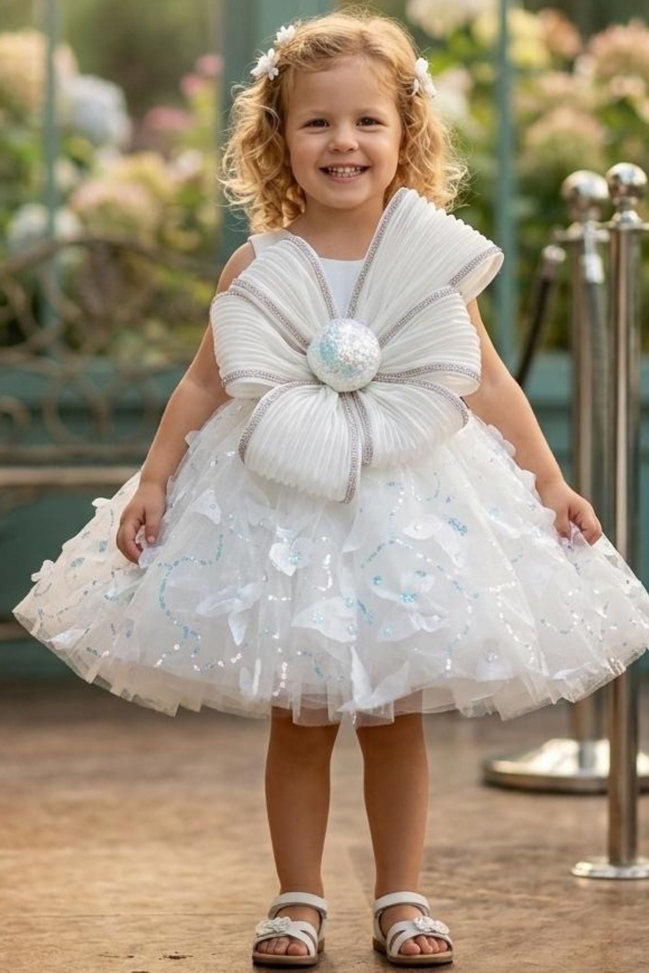 Girls White Party Wear Frock with Statement Bow
