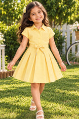Girls Yellow Embroidered Fit And Flare Casual Dress with Waist Tie Belt