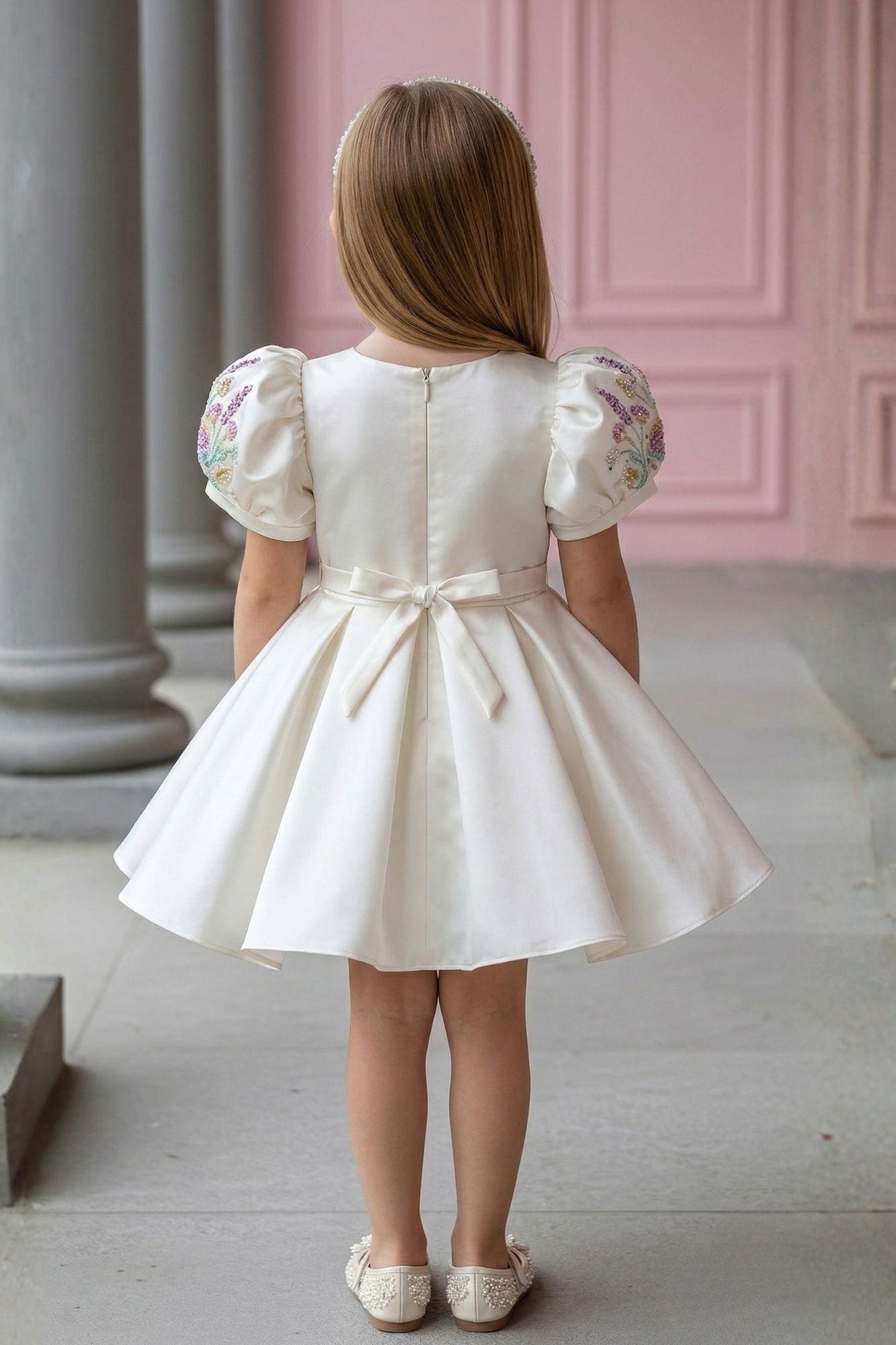 White Floral Embroidered Puff Sleeve Party Frock For Girls