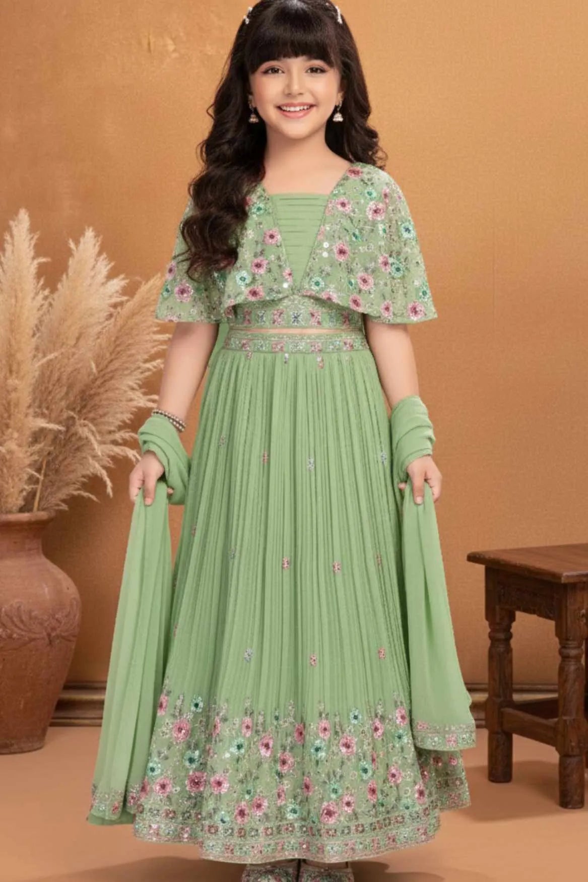 Pastel Green Embroidered Lehenga Choli with Dupatta For Girls
