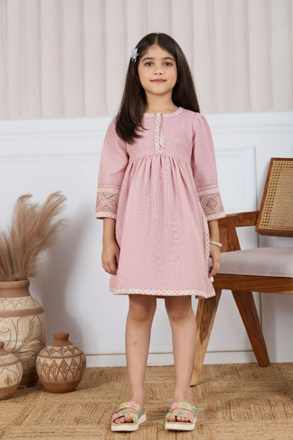 Baby Pink Textured Cotton Dress with Embroidered Border For Girls