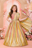 Mustard & Peach Silk Ethnic gown with Zari Border For Girls