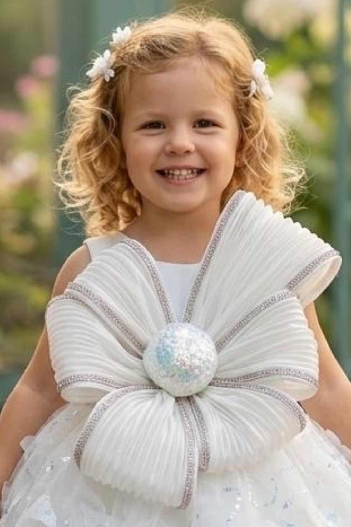 Girls White Party Wear Frock with Statement Bow
