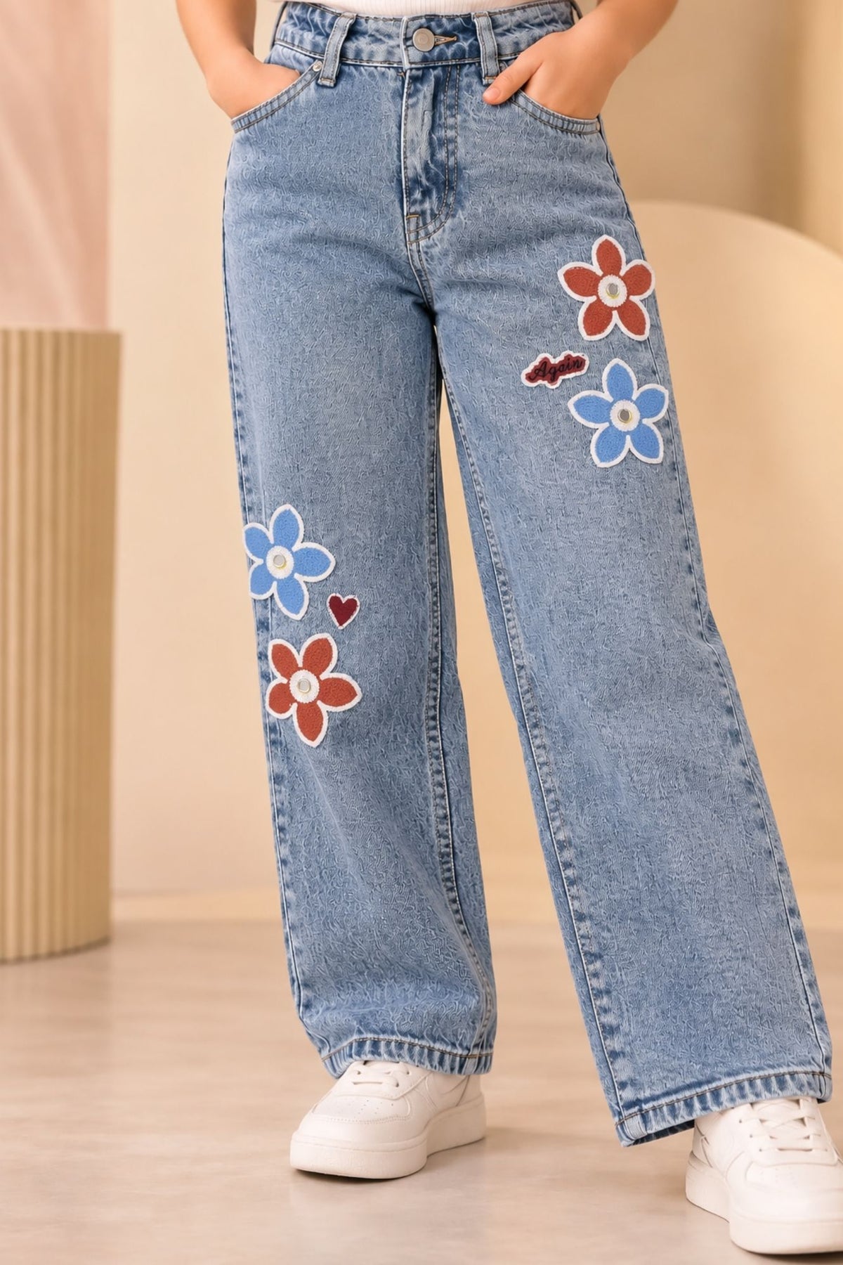 Girls Light Blue Floral Applique Straight Fit Denim Jeans
