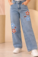 Girls Light Blue Floral Applique Straight Fit Denim Jeans