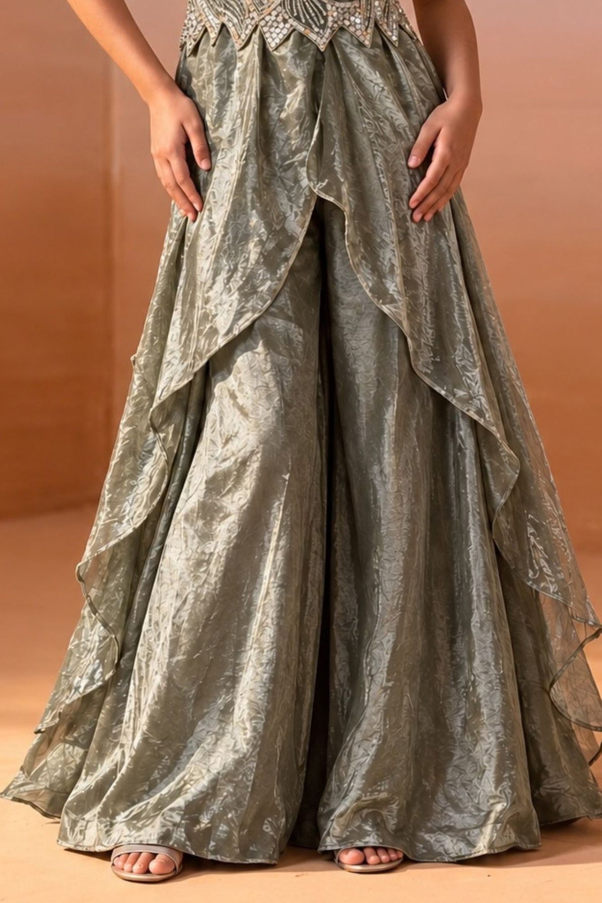 Girls Olive Green Embellished Palazzo Set with Dupatta
